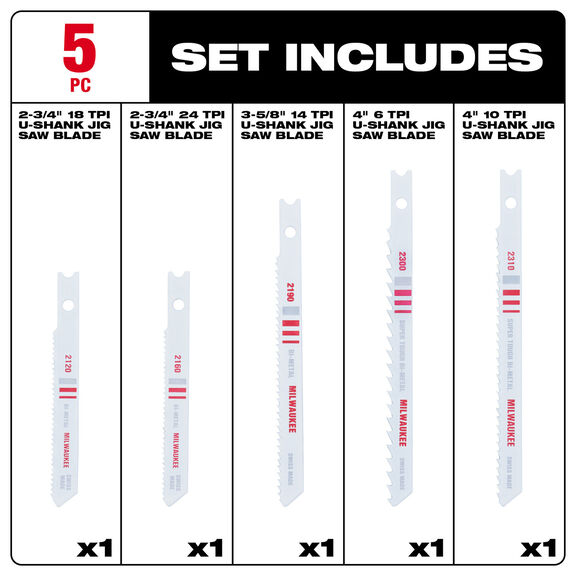 U-Shank Bi-Metal Jig Saw Blade Set, 5 Piece image number 1
